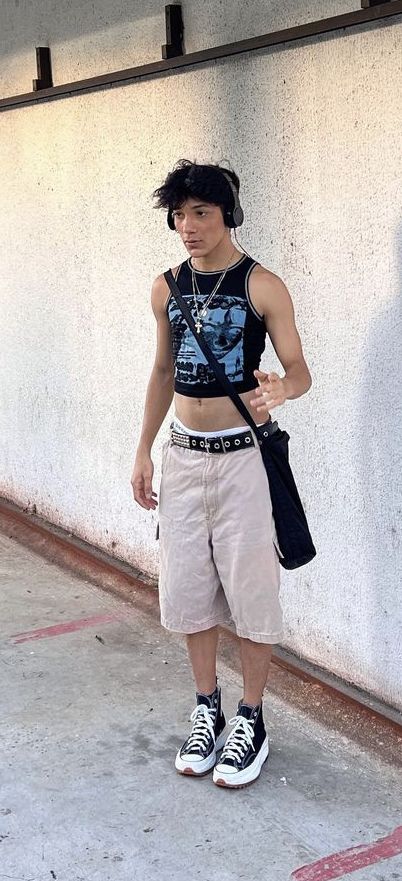 Tank Top Guy Outfit, Y2k Male Fashion Summer, Modern Y2k Outfits Men, Tank Top Male Outfit, Y2k Modern Outfits, Mens Tank Top Outfits Aesthetic, Modern Y2k Fashion, Twink Outfit Men Casual, Masc Bathing Suit