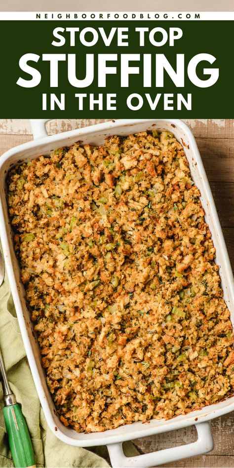 With just a few simple additions, you can transform store bought stuffing mix into a delicious and easy holiday side dish. Bake Stove Top Stuffing in the oven for a crisp, herby, and buttery stuffing recipe that requires less than 15 minutes of prep time! Stuffing In Oven Recipes, Joanna Gaines Stuffing Recipe, Stuffing Oven Baked, Stovetop Sausage Stuffing, Stove Top Dressing In The Oven, Dressing Recipes With Stove Top Stuffing, Baking Stove Top Stuffing, Store Bought Stuffing Recipes, Stuffing Recipes Using Boxed Stuffing