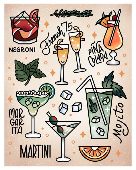 It’s the weekend! Looking forward to kicking back with a relaxing beverage. Whether that’s a strawberry margarita or booze-free Shirley Temple, I love a good mixed drink! What’s your favorite? 🥂 In related news, I’ve got new sticker sheets out! Show your love for cocktails and tattoos with these American traditional inspired stickers! Available now in link in bio ♥️ Alcoholic Drink Tattoo, Traditional Cocktail Tattoo, Drink Tattoo Cocktails, Mixology Tattoo, Drink Tattoo, Cocktail Tattoo, Bar Painting, Best Mixed Drinks, Traditional Margarita