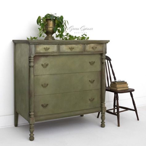 Olive Green Chest Of Drawers, Antique Chest Of Drawers Bedroom, Olive Green Dresser, Antique Dresser With Mirror, Green Chest Of Drawers, French Chest Of Drawers, French Furniture Bedroom, Farmhouse Bedroom Furniture, Antique Chest Of Drawers