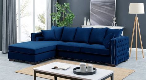 Sofa Color Ideas, Royal Blue Sofa, Flat Living Room, Sofa Set Design, Living Room Blue, Wall Partition, High Quality Sofas, Blue Velvet Fabric, Blue Living Room Decor