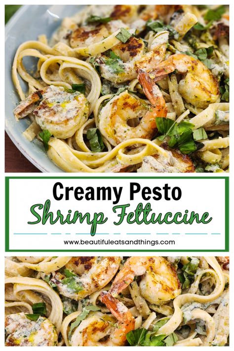 Creamy Pesto Shrimp, Italian Sausage Pasta Bake, Fresh Basil Pesto Recipe, Sausage Pasta Bake, Creamy Pesto Pasta, Pesto Shrimp, Shrimp Fettuccine, Basil Pesto Recipes, Italian Sausage Pasta