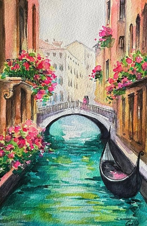 Street View Painting, Italy Painting Watercolour, Bike Watercolor Painting, Spanish Paintings Easy, Architecture Painting Ideas, Watercolor Italy Landscapes, Large Watercolor Painting Ideas, Italy Painting Easy Acrylic, Sketchpen Drawings Ideas Aesthetic