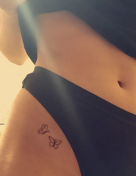 Mini Butterfly Tattoo Placement, Hidden Tattoos Butterfly, Small Double Butterfly Tattoo, Butterfly Tattoo Pelvis, Pelvic Tattoo Hip Butterfly, Butterfly Tattoo On The Hip, Butterfly Tattoo Waist Line, Two Tiny Butterfly Tattoo, Small Butterfly Tattoo Hip