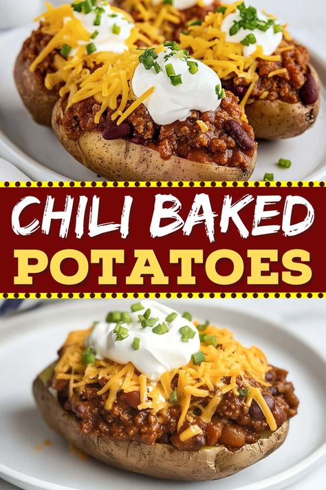 These loaded chili baked potatoes are impossible to resist! Topped with cheese, sour cream, green onions, and jalapenos, they pack a serious punch! Baked Potatoes With Chili, Chili Cheese Potatoes, Chili Cheese Baked Potato, Baked Potato Chili, Stuffed Baked Potatoes Main Dishes, Loaded Baked Potato Recipes, Chili Potato Recipe, Baked Potato Ideas, Chili Potatoes