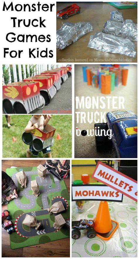 Monster Truck Games For Kids - Moms & Munchkins Monster Truck Games, Party Games Kids, Monster Jam Birthday Party, Blaze Birthday Party, Blaze Party, Blaze And The Monster Machines Party, Game Truck Party, Monster Jam Birthday, Monster Jam Party