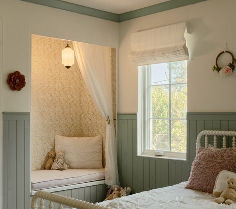 Reading Nook With Wallpaper, Kids Room With Wallpaper, Sled Bed Bedrooms Decor, Wallpaper Reading Nook, Wainscotting In Bedroom, Bed In Nook, Bed Nook Ideas, Bedroom Sloped Ceiling, Wedgewood Gray