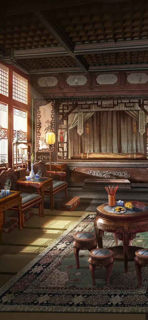 Ancient Chinese House Interior, Ancient Chinese Architecture Interior, Ancient Chinese Interior, Chinese Temple Interior, Traditional China Aesthetic, Japanese Mansion Traditional, Traditional Chinese Room, Ancient Chinese Room, Chinese Palace Interior