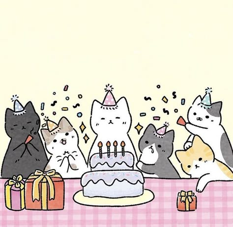 Cute Birthday Cat Drawing, Cute Drawing Birthday, Happy Birthday Cute Drawing, Birthday Icons Aesthetic, Hbd Drawing, Birthday Cat Drawing, Cute Birthday Drawings, Kawaii Postcard, Cute Happy Birthday Drawings