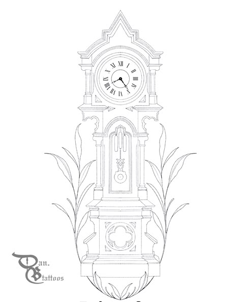 A tattoo design of an antique clock tower with vining leaves climbing up either side of the tower. #tattoo #tattootips #tattooinspo #tattooinspiration #tattoodesigns #tattooideas Clock Tower Tattoo Design, Grandfather Clock Tattoo Design, Antique Clock Tattoo, The Tower Tattoo, Tower Tattoo Design, Grandfather Clock Drawing, Clock Tower Tattoo, Clock Tower Drawing, Sketch Book Prompts