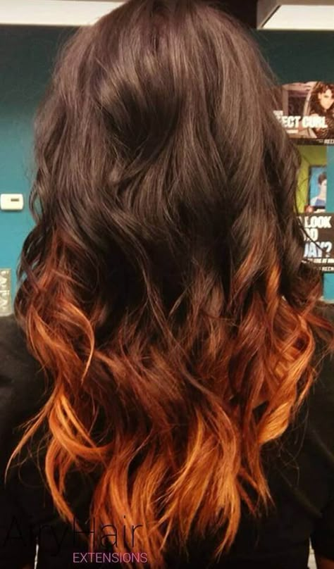 Fox Dyed Hair Brown, Fox Colour Hair, Brown Hair With Orange Tips, Dark Brown Hair With Orange, Fox Dyed Hair Ends, Brown Hair With Orange Undertones, Brown Hair Orange Tips, Foxtail Hair Color, Ginger Hair With Black Tips