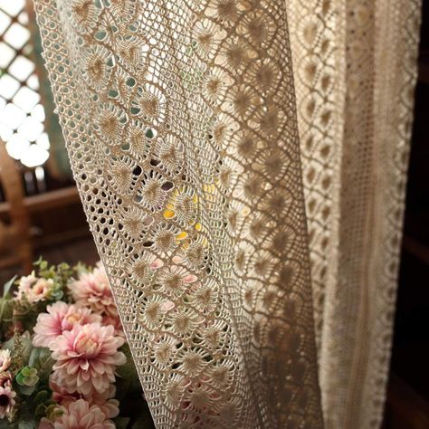 PRICES MAY VARY. Package: 1 Panel boho chic beige crochet knitting sheer curtain, include hooks. Size: 59 inches wide by 94 inches long, which is made of sturdy crochet cotton lace fabric. About 1.08kg per piece. Top style: Rod pocket top / pinch pleat top are both suitable for the vintage lace curtain. The rod pocket suitable for diameter 2.5" curtain rod. It's better for the curtain's width be 1.5-2 times of the window's width. Widely use: The farmhouse retro style window curtain panel is perf Curtain Alternatives Diy, Boho Living Room Curtains, Crochet Bedroom, Rideaux Boho, Cortina Boho, Vintage Lace Curtains, Cabin Remodel, Patio Windows, Farmhouse Patio