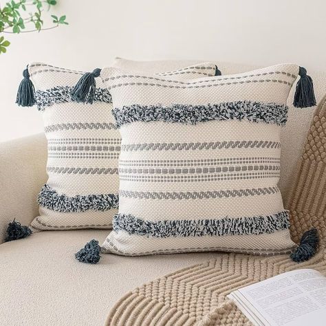 Amazon.com: BUIOVBEY Boho Throw Pillow Covers 18x18 Set of 2 Woven Tufted Farmhouse Pillows Cover with Tassels Textured Striped Cushion Case Neutral Pillow Cases Decorative Pillowcase for Sofa, Couch, Bed, Khaki : Home & Kitchen Boho Pillow Cases, Throw Pillow Combinations, Bed Dark, Neutral Pillow, Bohemian Throw Pillows, Navy Blue Pillows, Boho Throw Pillow, Rope Pattern, Neutral Pillows