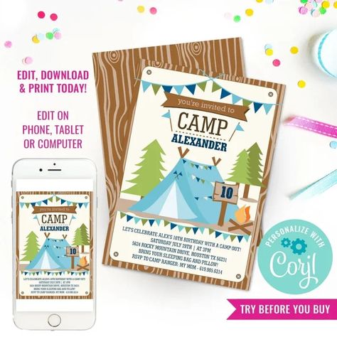 Camping Party Invitation for a Boy Backyard Campout Summer - Etsy #CampingPartyInvitation #BoysCampOutParty #BoysCampingPartyInvitation #ScoutsCampOut #CampingParty #SummerCampingParty #SummerCampOut #SummerCampInvitation Backyard Campout Party, Camp Invitation, Camping Party Invitations, Campout Party, Backyard Campout, Camping Invitations, Dirt Bike Party, Fireman Party, Lumberjack Party