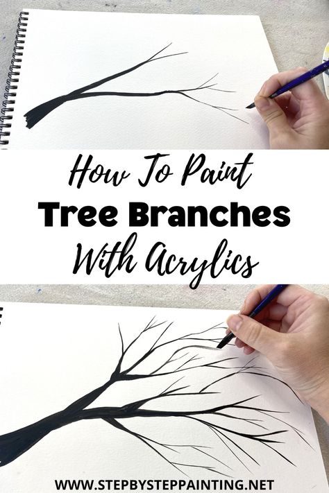 How To Paint Tree Branches Acrylic, How To Draw Tree Branches Step By Step, Paint A Tree Step By Step, How To Paint Tree Branches, How To Draw Branches, How To Draw Tree Branches, Tree Branches Painting, How To Paint Trees Acrylic Step By Step, Drawing Trees Step By Step