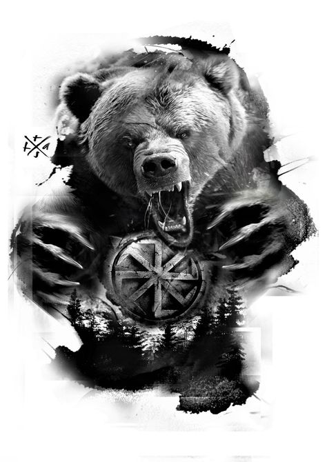 Tattoos Bear, Grizzly Bear Tattoos, Slavic Tattoo, Bear Tattoo Designs, Skull Girl Tattoo, Realistic Tattoo Sleeve, Bear Artwork, Bear Tattoos, Theme Tattoo