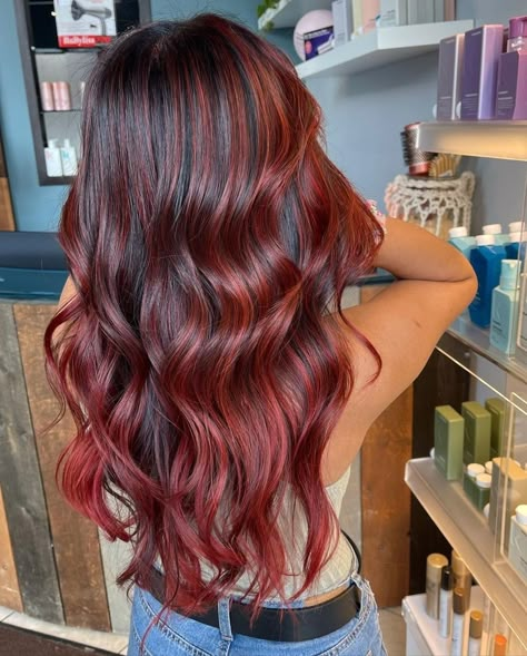 Dark Hair Red Highlights, Hair Red Highlights, Black Hair With Red Highlights, Red Highlights In Brown Hair, Red Balayage Hair, Wine Hair Color, Red Hair With Highlights, Rambut Brunette, Black Red Hair