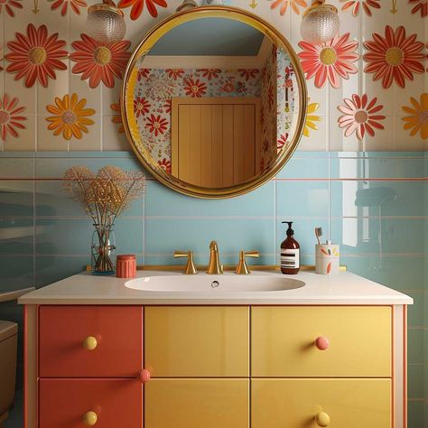 10+ Retro Bathroom Mirror Ideas to Inject Nostalgia into Your Decor • 333k+ Inspiring Lifestyle Ideas & Images 60s Style Bathroom, Retro Teal Bathroom, Retro Modern Bathroom Ideas, Dopamine Decor Bathroom, Bathroom Ideas Retro, Groovy Bathroom, Colorful Bathroom Ideas, Retro Bathroom Ideas, Colourful Cottage