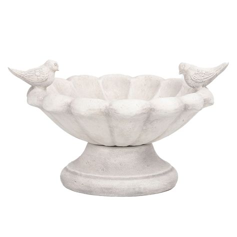 Beautiful flower shaped bowl. White washed textured stone finish. Highly detailed sculpture. Perfect addition to the yard or pardon. Durable resin material. Style Selections Bird 8-in H White Plastic Complete Birdbath | A06-884B Wedding Bird, Bird Bath Bowl, Concrete Bird Bath, Wedding Birds, Mix Concrete, Antique Dishes, Garden Products, Green Ceramics, Resin Material