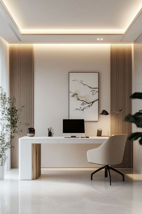 Minimalist Elegant Interior Design, Modern Office Building Interior Design, Minimalistic Home Office Design, Japandi Small Office, Japandi Hotel Lobby, Home Office Modern Minimalist, Japandi Gaming Room, Japandi Minimalist Interior, Office Room Minimalist