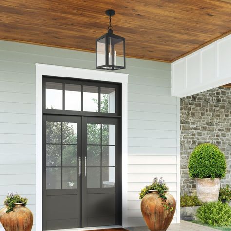 Shown in Scandinavian Gray finish and Clear glass Front Porch Lighting Fixtures, Patio Ceiling Ideas, Porch Light Fixtures, Front Door Lighting, Front Porch Lighting, Modern Lanterns, Porch Ceiling, Outdoor Pendant Lights, Outdoor Hanging Lanterns