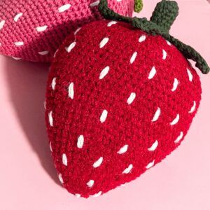 Crochet Strawberry Pillow Pattern - thecaffeinatedsnail.com Big Crochet Strawberry, Crochet Giant Strawberry, Crochet Oreo Pillow, Crochet Strawberry Pillow Pattern Free, Strawberry Pillow Pattern, Strawberry Pillow Crochet, Crochet Strawberry Pillow, Strawberry Crochet Pattern, Strawberry Pillow