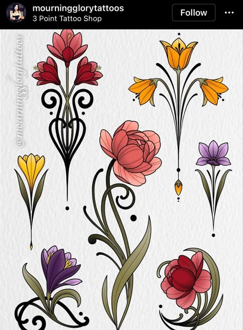 Tattoo Ideas Art Nouveau, Art Deco Inspired Tattoo, Art Nouveau Tattoo Flash, Art Nouveau Iris Flower, Art Nouveau Style Tattoo, Art Deco Floral Design, Art Nuevo Flowers, Art Nouveau Flowers Pattern, Art Nouveau Flower Design