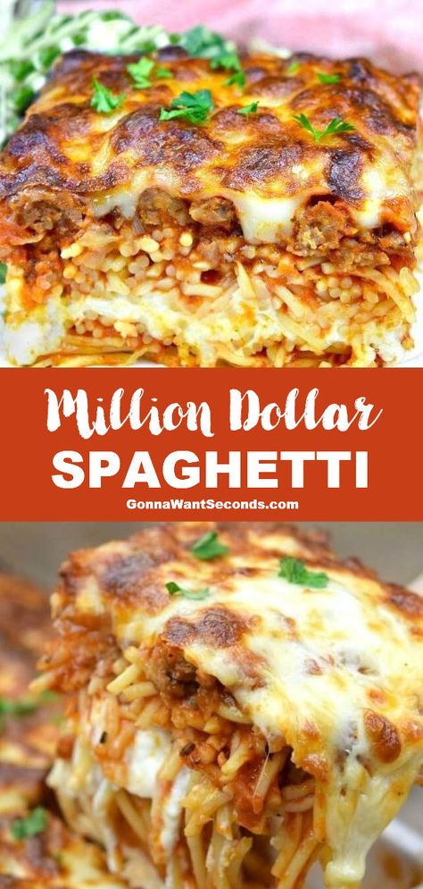 Spaghetti Lasagna Bake, Italian Casserole Recipes, Italian Casseroles, Spaghetti Casserole Recipe, Italian Casserole, Comforting Meals, Homemade Meat Sauce, Million Dollar Spaghetti, Best Spaghetti