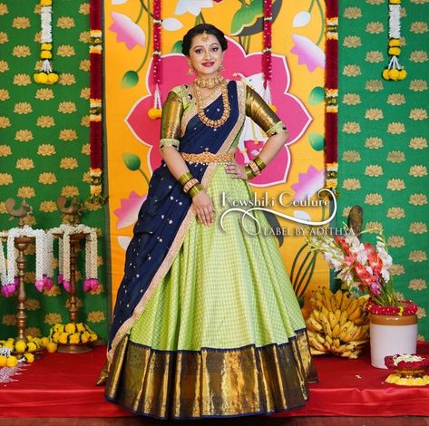 Blue And Green Half Saree, Pista Green Pattu Saree, Pista Green Lehenga Combination, Pista Color Combination, Half Saree Lehenga Color Combinations, Pattu Langa Blouse Designs, Lehenga Voni, Traditional Half Saree Designs, Lehenga Color Combinations