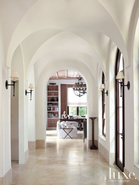 Spanish Lighting, Restauration Hardware, Arched Doorways, Luxe Magazine, White Hallway, Elegant House, Mediterranean Revival, Mediterranean Interior, Mediterranean Home Decor