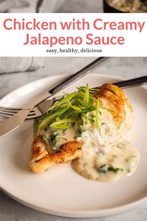 This easy 20 minute chicken breast dish is packed with Spicy flavor from a homemade jalapeno cream sauce. It's a quick, light, and super delicious main dish. Jalapeno Cream Sauce, Creamy Jalapeno Sauce, Chicken Breast Dishes, Amazing Slow Cooker Recipes, Cream Sauce For Chicken, Minute Chicken, Slender Kitchen, Ww Points, Weight Watchers Chicken Recipes