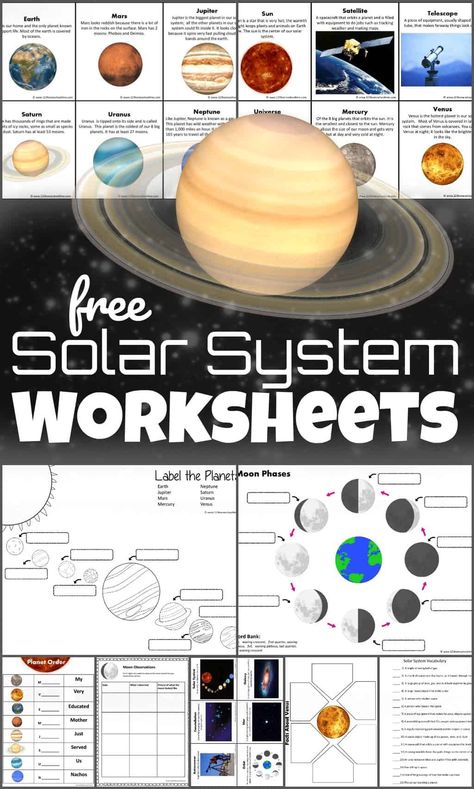 Kids will have fun learning about our solar system with these free printable Solar System Worksheets for kids.  You’ll find solar system vocabulary, planets, sun, stars, moon phases, and so much more! These free worksheets are great for Kindergarteners, grade 1, grade 2, grade 3, grade 4, grade 5, and grade 6 students. Planet Worksheets Free Printable, Solar System Printables, Solar System Information, Solar System Lessons, Solar System Coloring Pages, Planets Activities, Solar System Projects For Kids, Solar System Unit, Solar System Worksheets