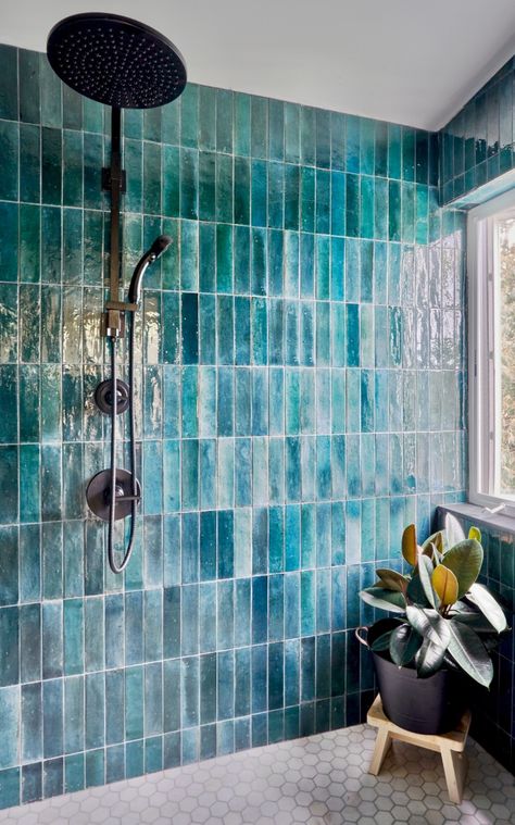 This tile really gives this shower ann underwater feel Turquoise Tile Shower Ideas, Aqua Bathroom Tile, Turquoise Shower Tile, Aqua Shower Tile, Turquoise Tile Bathroom, Teal Tile Bathroom, Teal Shower Tile, Colorful Shower Tile, Underwater Interior