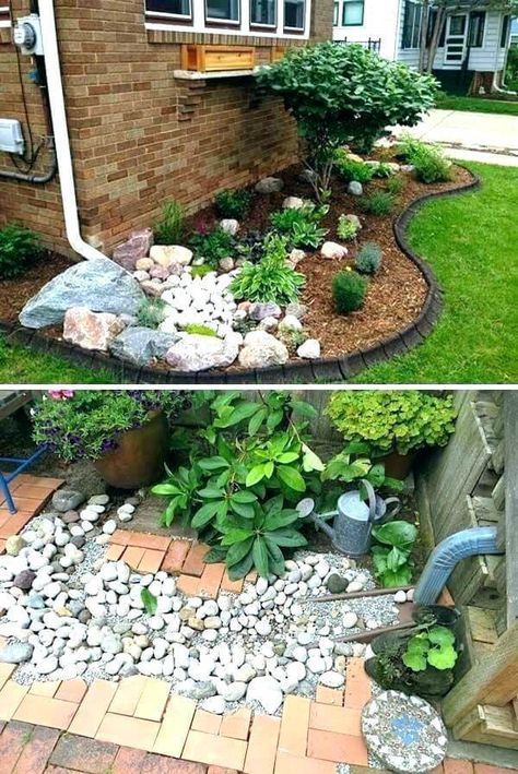 Downspout splash block | Best Downspout landscaping ideas #downspout #downspoutlandscape #landscapingideas #farmfoodfamily Downspout Landscaping, Gravel Garden, Rock Garden Landscaping, Garden Yard Ideas, Landscaping Tips, Diy Landscaping, Diy Garden Projects, Budget Backyard, Kew Gardens