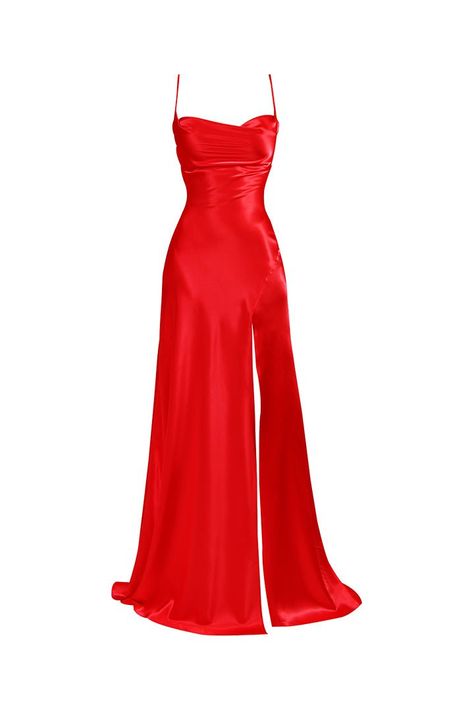 Shiny Red Dress, Satin Dress Outfit, Satin Long Dress, Prom Dress With Split, Red Satin Dress, Dress With Split, Spaghetti Strap Prom Dress, Satin Dress Long, Long Red Dress