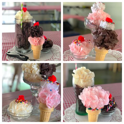 Dessert Theme Centerpieces, Ice Cream Cone Centerpiece, Ice Cream Birthday Centerpieces, Milkshake Centerpiece, Ice Cream Cone Centerpiece Ideas, Ice Cream Party Centerpieces, Ice Cream Social Decorations, Church Picnic, Candy Birthday