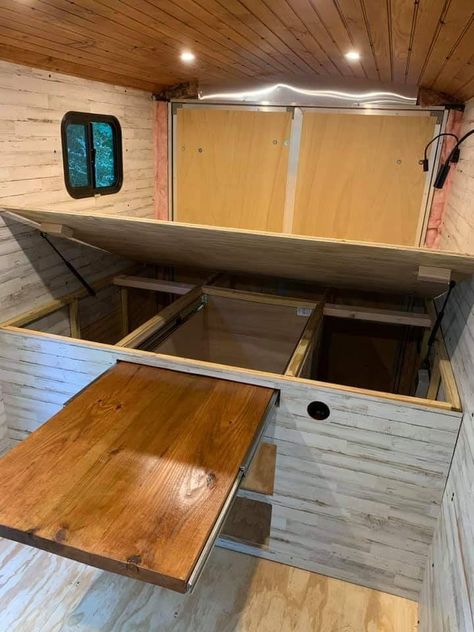 Diy Camper Bathroom, Tiny Van Conversion, Diy Camper Trailer Designs, Small Van Conversion Ideas Layout, Van Conversion Ideas Layout, Campervan Storage Ideas, Van Conversion Ideas, Pull Out Table, Heavy Duty Drawer Slides