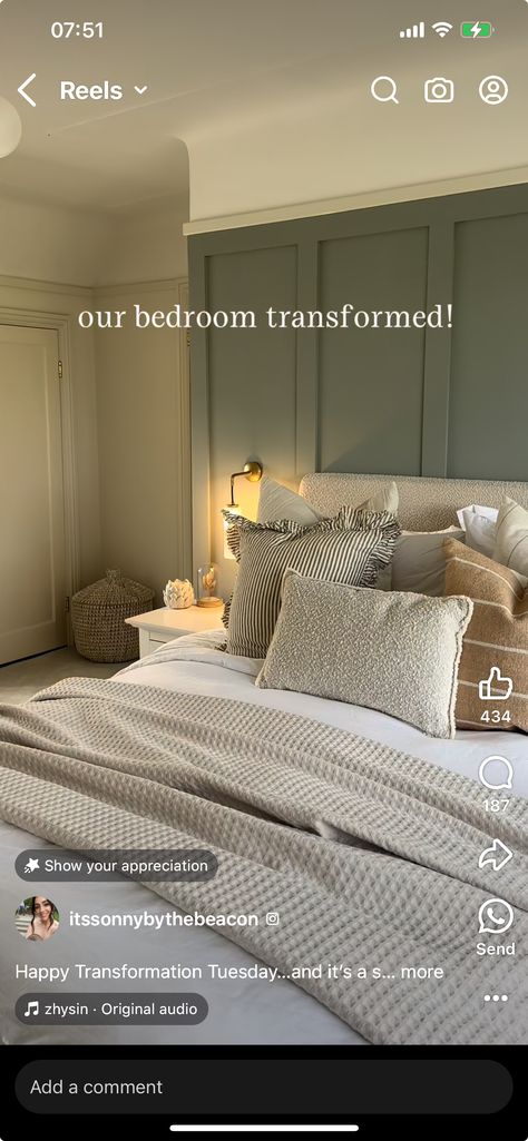 Master Bedrooms Decor Uk, Bedroom Panelling Behind Bed, Shaker Panelling Bedroom, Green Panelled Bedroom, Chimney Breast Bedroom, Panelling And Wallpaper Bedroom, Panneling Rooms Bedroom, Green Panelling Bedroom, Paneled Walls Bedroom