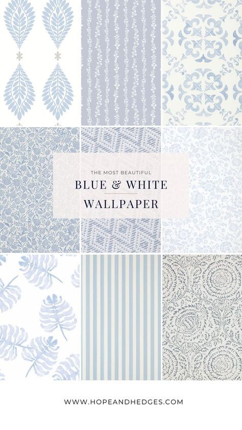 The best round-up of the most beautiful blue and white wallpaper! If you're looking for blue wallpaper that is stunning for any room, here you'll find options for every budget. From blue toile wallpaper, blue vintage wallpaper, blue coastal wallpaper, blue floral wallpaper, and many styles in between. Dining room wallpaper, bedroom wallpaper, nursery wallpaper, kids room wallpaper, playroom wallpaper, powder room wallpaper, bathroom wallpaper- white and blue wallpaper is gorgeous in any room! Blue And White Geometric Wallpaper, Rustic Blue Wallpaper, Seahaven Toile Wallpaper, Wallpaper In White Kitchen, Small Print Blue Wallpaper, Coastal Toile Wallpaper, Powder Room With Blue Wallpaper, Bathroom With Blue Wallpaper, Blue And White Nursery Wallpaper