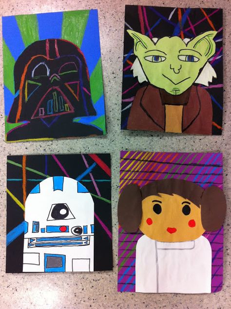 Pop Art Star Wars Characters -Drip, Drip, Splatter Splash, Art Education Blog Star Wars Art Projects For Kids, Star Wars Pop Art, Drip Drip, 6th Grade Art, 4th Grade Art, 5th Grade Art, 3rd Grade Art, Kids Art Class, Elementary Art Projects