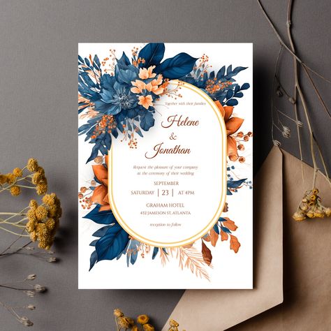 EDITABLE NAVY BLUE RUST WEDDING INVITATION TEMPLATE Featuring stunning watercolor floral artwork, this elegant navy burnt orange wedding invitation blends chic botanical elements with a touch of boho charm. Perfect for a garden wedding, the indigo rust flowers create a timeless and elegant feel. The unique design showcases a delightful mix of rustic elements and sophisticated style, making them the perfect choice for any modern couple. Each invite is adorned with exquisite golden elements that b Blue Orange Weddings, Orange Wedding Themes, Orange Wedding Invitations, Rusting Wedding, Burnt Orange Weddings, Watercolor Boho, Elegant Wedding Invitation, Watercolor Floral Wedding Invitations, Wedding Invitations Boho