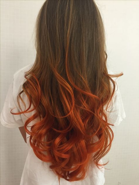 Colored Hair Ends Brunettes, Copper Ends On Brown Hair, Ombre Hair Orange, Orange Ends Of Hair, Brown Hair Orange Tips, Orange Hair Tips, Dyed Hair Ends, Orange Tips Hair, Orange Balayage Hair