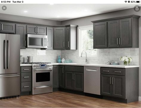 Gray Stained Cabinets, Slate Appliances Kitchen, Slate Kitchen, Stained Kitchen Cabinets, Grey Kitchen Designs, Kitchen Cabinet Styles, New Kitchen Cabinets, Grey Kitchen Cabinets, Kitchen Redo