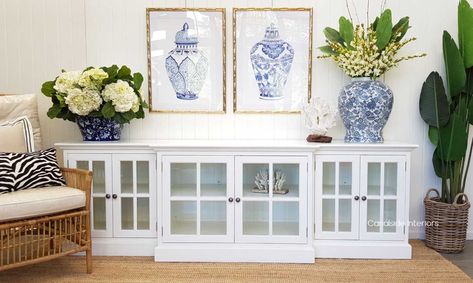 Sideboard With Glass Doors, Blue Living Room Color Scheme, Blue Living Room Color, Hamptons Furniture, Hamptons Coastal, New Hampton, Travel Memorabilia, White Sideboard, Timeless Furniture