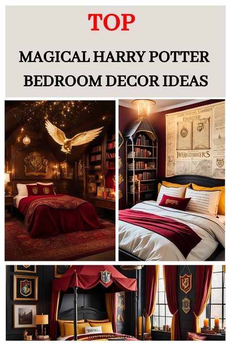 Transform your bedroom into a magical Hogwarts haven with these enchanting Harry Potter-inspired decor ideas. Harry Potter Vibe Room, Harry Potter Boys Room, Harry Potter Bedroom Decor Ideas, Gryffindor Bedroom Aesthetic, Harry Potter Bedroom Ideas Adults, Gryffindor Bedroom Ideas, Slytherin Bedroom Aesthetic, Harry Potter Mural Wall, Hogwarts Room Ideas