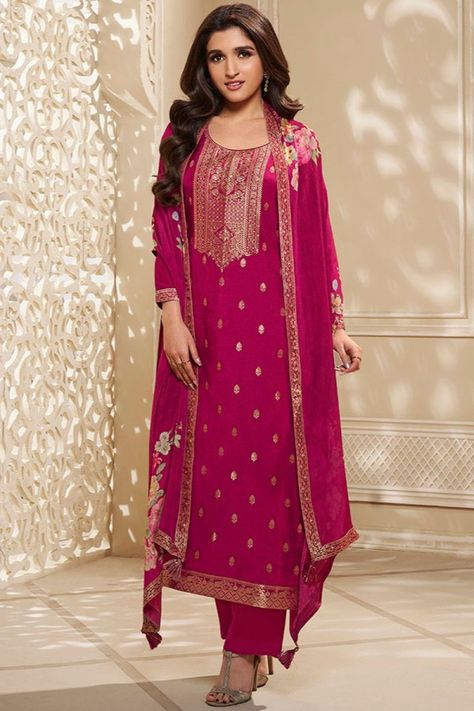 Nidhi Shah Rani Pink Designer Weave Yoke Jacquard Kurta Suit Set Patiala Salwar Kameez, Lehenga Style Saree, Readymade Salwar Kameez, Cotton Salwar Kameez, Crepe Saree, Indian Salwar Kameez, Lehenga Style, Salwar Kameez Designs, Chiffon Saree