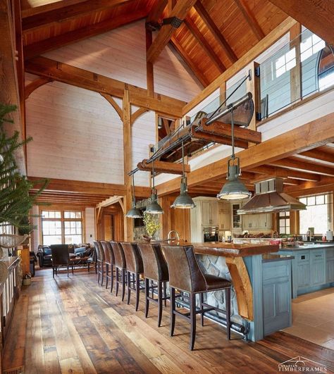 Who’s into a rustic kitchen?! This one is a showstopper! Via @canadiantimberframes #homearchitecture #architecturephotography… Timber Frame Home Interiors, Timber Frame Interior, Timber Frame Kitchen, Frame Kitchen, Timber Frame House, Timber Frame Home, Comfortable Kitchen, Classic Farmhouse, Timber Frame Homes