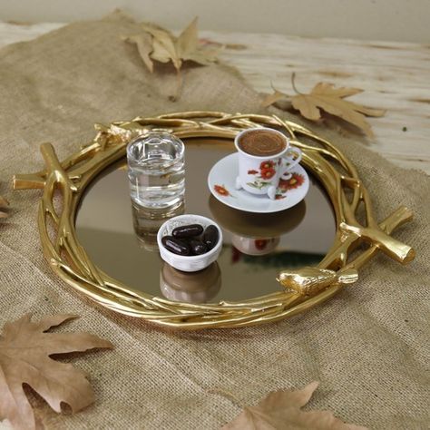 Bird Nest Mirror Decorative Trays With Gold Silver Mink | Etsy Gold Tray Decor, Bathroom Vanity Tray, Gold Tray, Chemical Substances, Mirror Tray, Decorative Trays, Bird Decor, Jewelry Tray, Resin Material