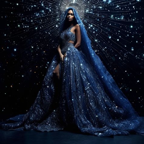 A model dons an Avant-Garde dress that is an opulent canvas, adorned with exquisite Swarovski Crystals, resembling a celestial night sky. Avant Garde Gown, Night Sky Dress, Ashley Core, Avante Garde Fashion, Celestial Dress, Avant Grade, Avant Garde Dresses, Space Dust, Galaxy Dress