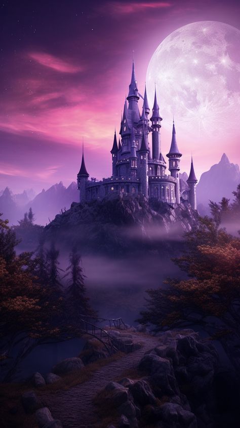 Imperial Purple Aesthetic, Purple Fantasy Background, Castle Aesthetic Purple, Purple Castle Aesthetic, Pinky Wallpaper, Purple Castle, Castle Wallpaper, Vintage Village, Magical Images